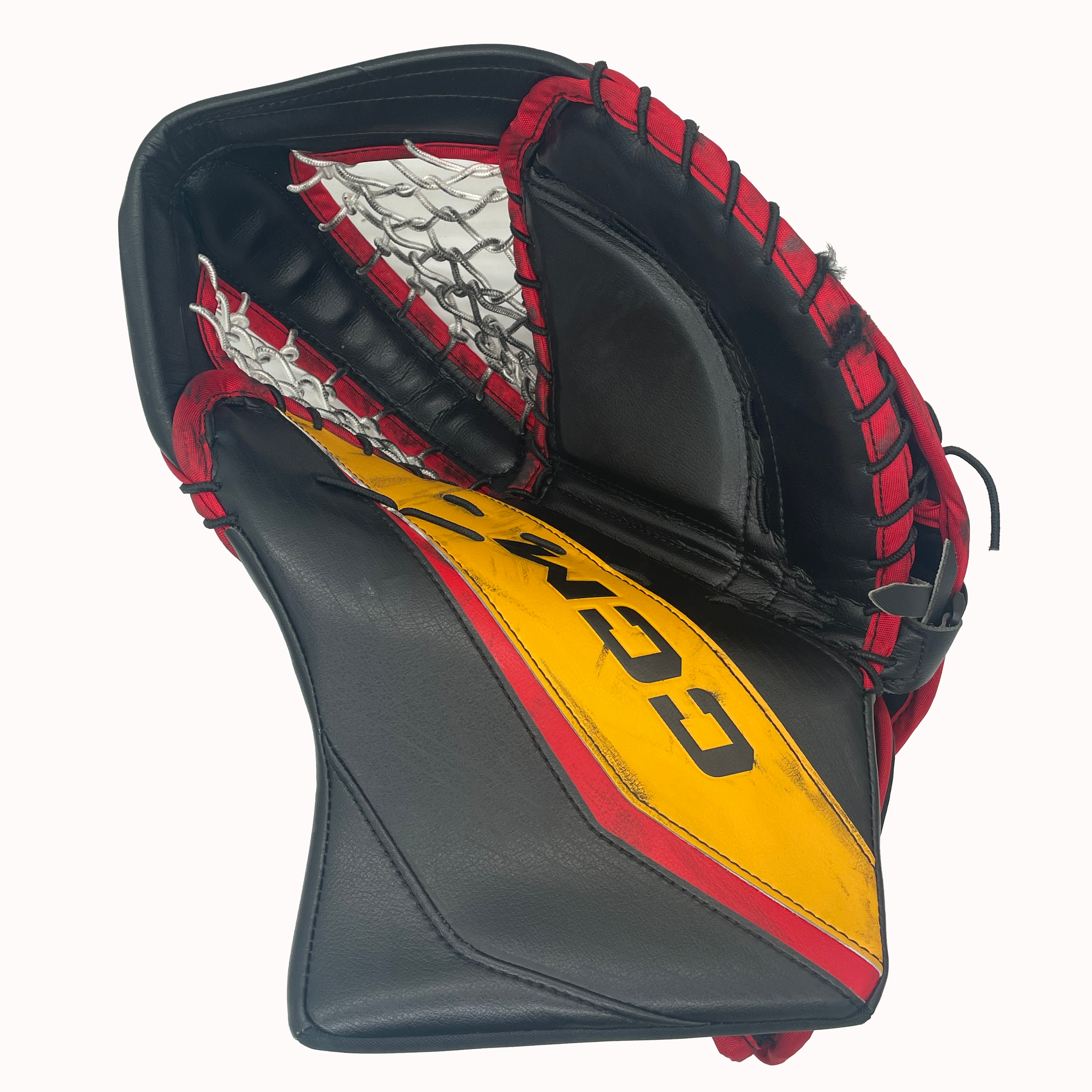 CCM Extreme Flex 6 - Gant de gardien de but AHL Pro Stock d'occasion (noir/jaune/rouge)